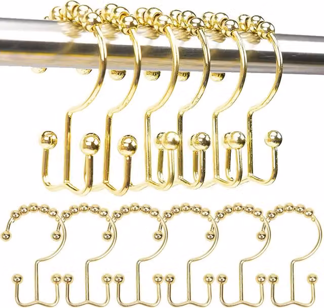 Juego de 12 anillos para cortina de ducha SELECT ZONE de acero inoxidable con doble rodillo deslizante en color dorado