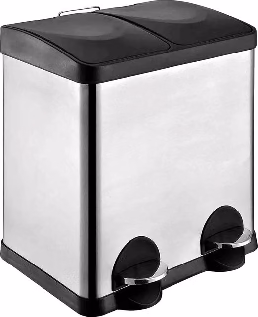 Contenedor de reciclaje doble Amig RECIK2-2 con pedales, acero inoxidable, color plateado, capacidad de 30 litros (2 compartimentos de 15 l), An/P/Al: 48 x 32 x 40 cm