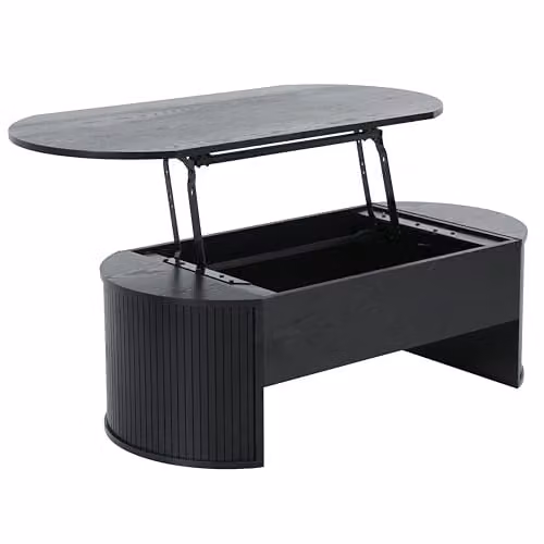 Mesa de centro ovalada Oviala con tapa elevable en color negro y acabado mate