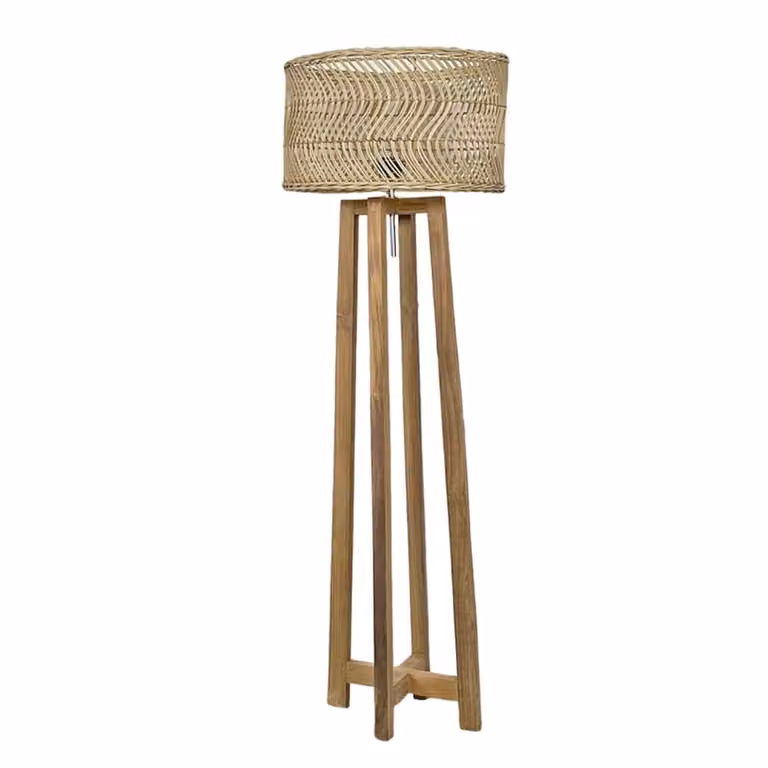 Lámpara de suelo NATYAL de ratán y madera de teca en color marrón y beige, Diámetro: 40 cm, Altura: 105 cm