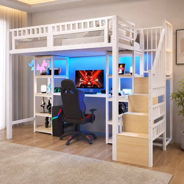 Cama alta individual MODENVIE con escritorio, estantes, escalera con almacenaje, iluminación LED y puerto USB, An/P/Al: 90 x 200 x 174 cm, color blanco