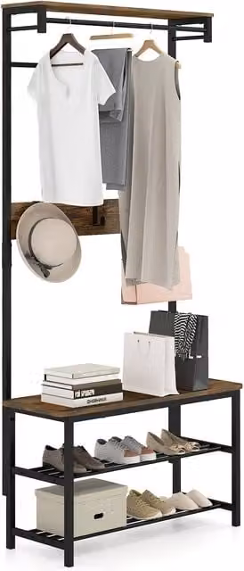 Organizador de pasillo 5 en 1 NORTHIX con banco y zapatero de estilo industrial en marrón y negro