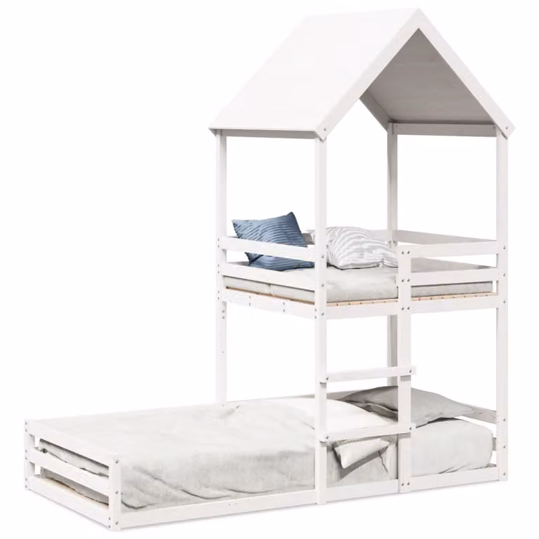 Cama con estructura de casa y zona de juego vidaXL de madera maciza de pino blanca An/P/Al: 200 x 90 x 123 cm