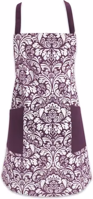 Delantal de algodón estampado para adultos con lazo ajustable, cordón en la cintura y bolsillo delantero, color morado