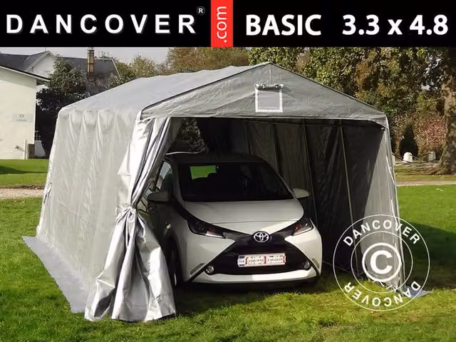 Carpa de garaje Dancover Basic en color gris con estructura de acero galvanizado y cubierta de poliéster, An/P/Al: 3,3 x 4,8 x 2,4 m