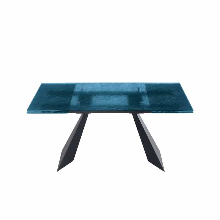 Mesa extensible MondoViro con tapa de cristal azul transparente y estructura de metal, An/P/Al: 160 x 90 x 75 cm (extensible hasta 240 cm)