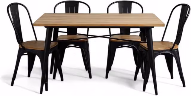 Conjunto de mesa rectangular y sillas de estilo industrial Kosmi en metal negro mate y madera marrón, An/P: 120 x 80 cm