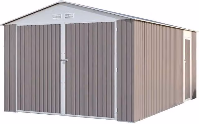Garaje de metal Habitat Et Jardin Nevada con puerta abatible y ventanas en gris y blanco de 15,36 m²