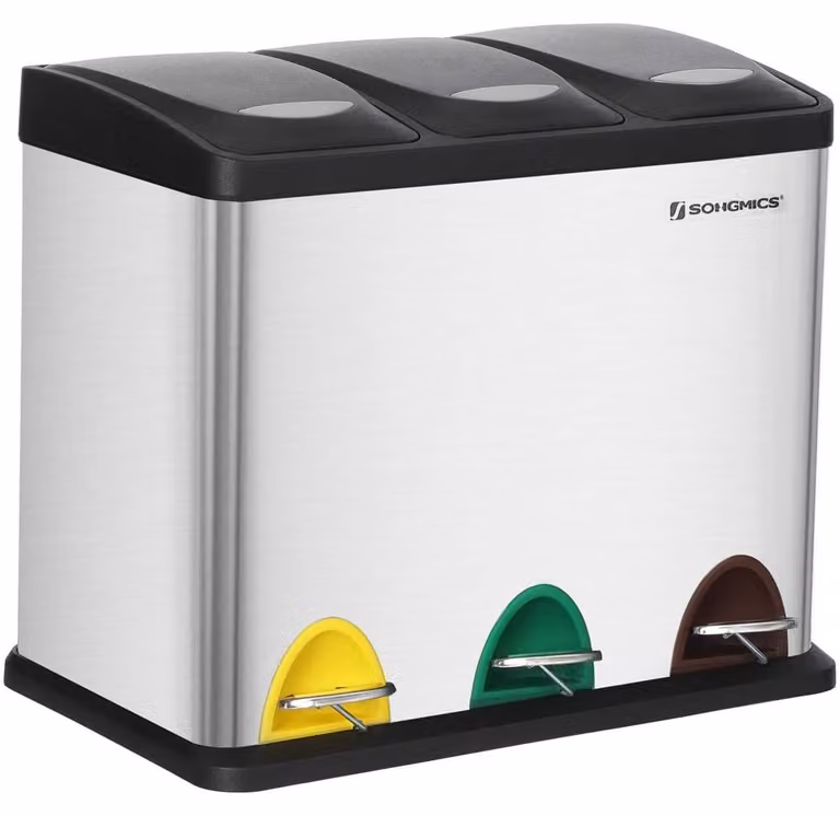 Cubo de basura de reciclaje con 3 compartimentos y pedal Kendra Home en acero inoxidable color plata con cubo interior extraíble y filtro de olores