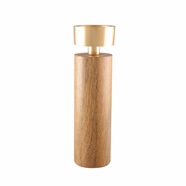 Portavela de mesa Aulica en madera y metal dorado y marrón para tealight, Altura: 27 cm