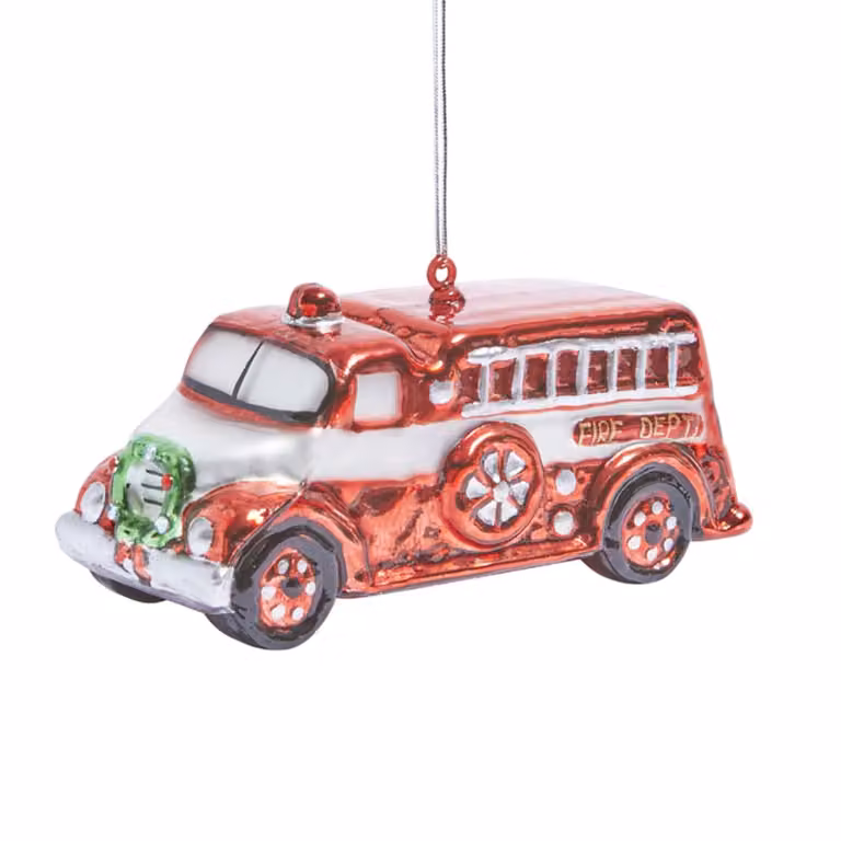 Colgante navideño de vidrio Sia Deco con diseño de camión de bomberos en rojo y plata