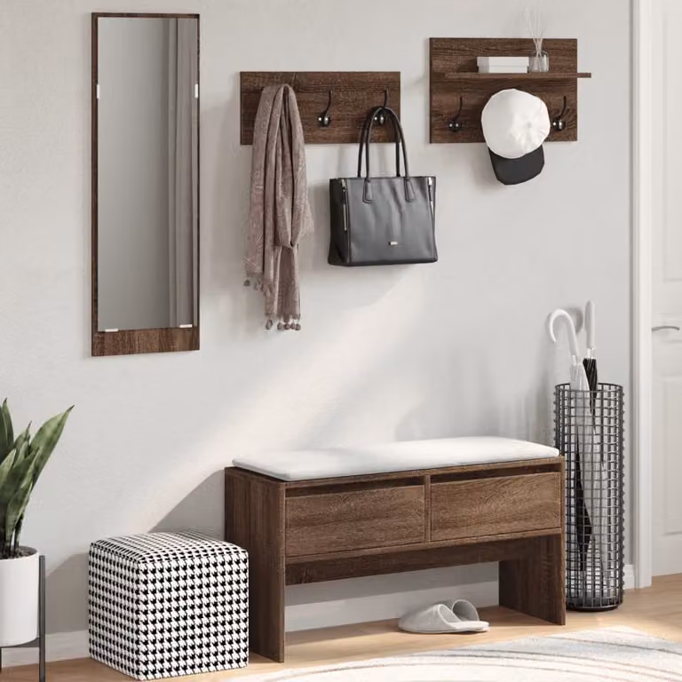 Set de 4 piezas para recibidor vidaXL con banco, espejo y estante de pared en madera MDF color marrón roble de estilo moderno