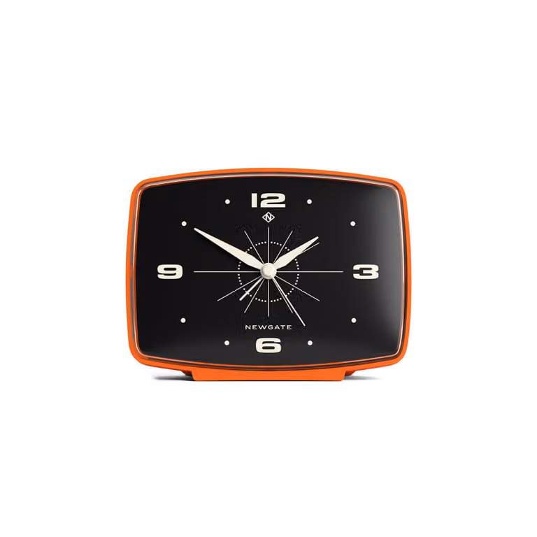 Reloj despertador analógico retro Newgate de metal rectangular color naranja