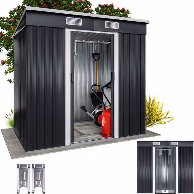 Caseta de jardín Gardebruk de acero color antracita con ventilación de techo y puertas correderas An/P/Al: 196 x 122 x 182 cm