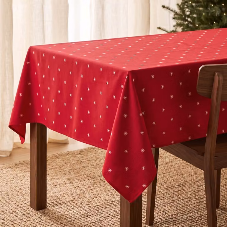 Mantel de Navidad GAMUSI con estrellas en tejido de algodón rojo y dorado, An/An/Al: 140 x 140 cm