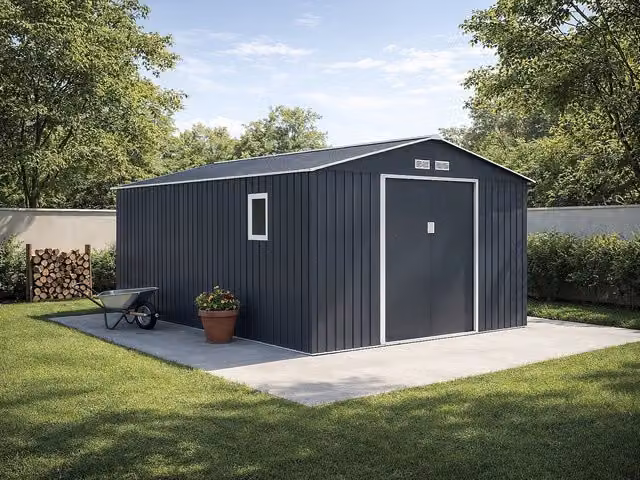 Caseta de jardín Archer de acero galvanizado en color gris antracita con doble puerta y ventanas de 15,35 m²