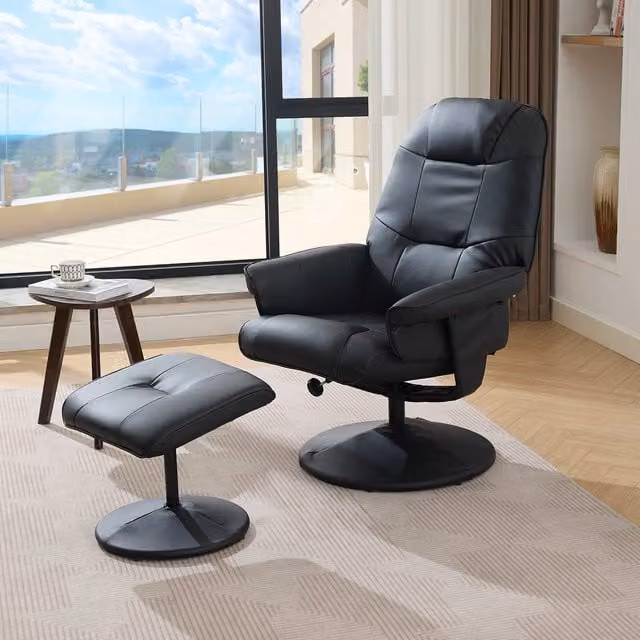 Sillón de masaje Kellany reclinable con calefacción, reposapiés y giro de 360 grados en color negro y acabado de piel sintética