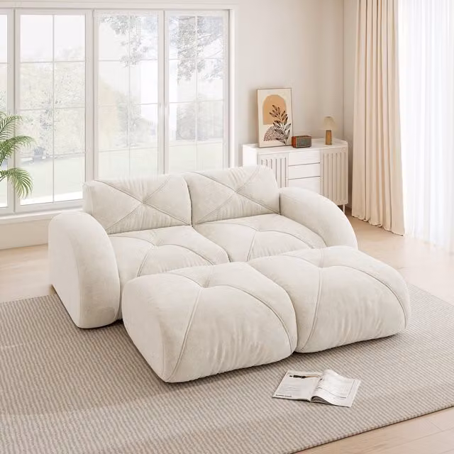 Sofá Modular de Dos Plazas KELLANY con Dos Otomanas en Color Blanco y Tejido Boucle o Chenille para Salón