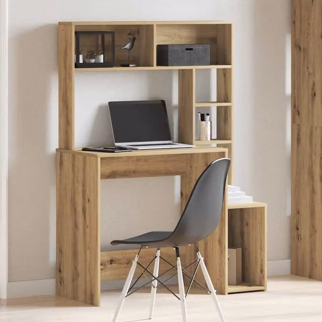 Escritorio de ordenador moderno SYFAX con estantes en color marrón roble, An/P/Al: 100 x 45 x 140 cm
