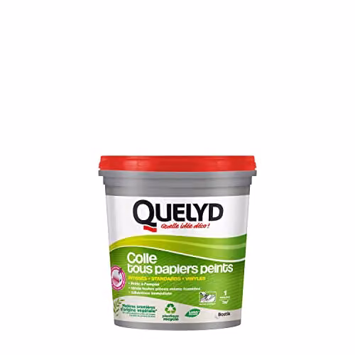 Pegamento Quelyd para papel pintado no tejido, vinilo y estándar, listo para usar, con indicador de color rosa y secado transparente, 1 kg