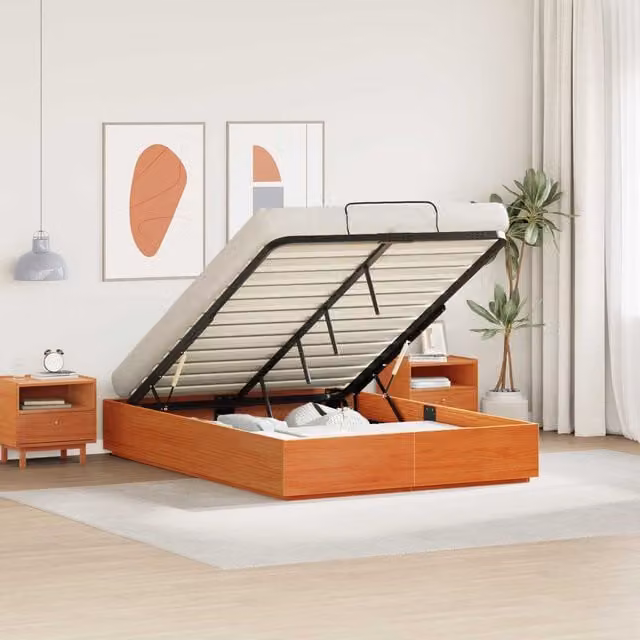 Estructura de cama otomán con almacenamiento Maison Exclusive en madera de pino color marrón cera, An/P/Al: 140 x 190 x 29 cm