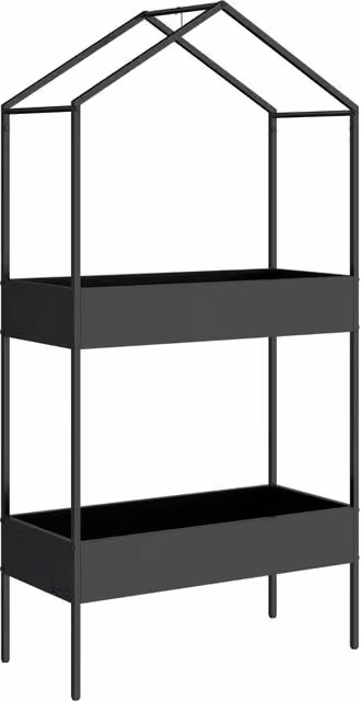Soporte para plantas KELLANY de 2 niveles con forma de casa en metal negro mate, Altura: 150 cm