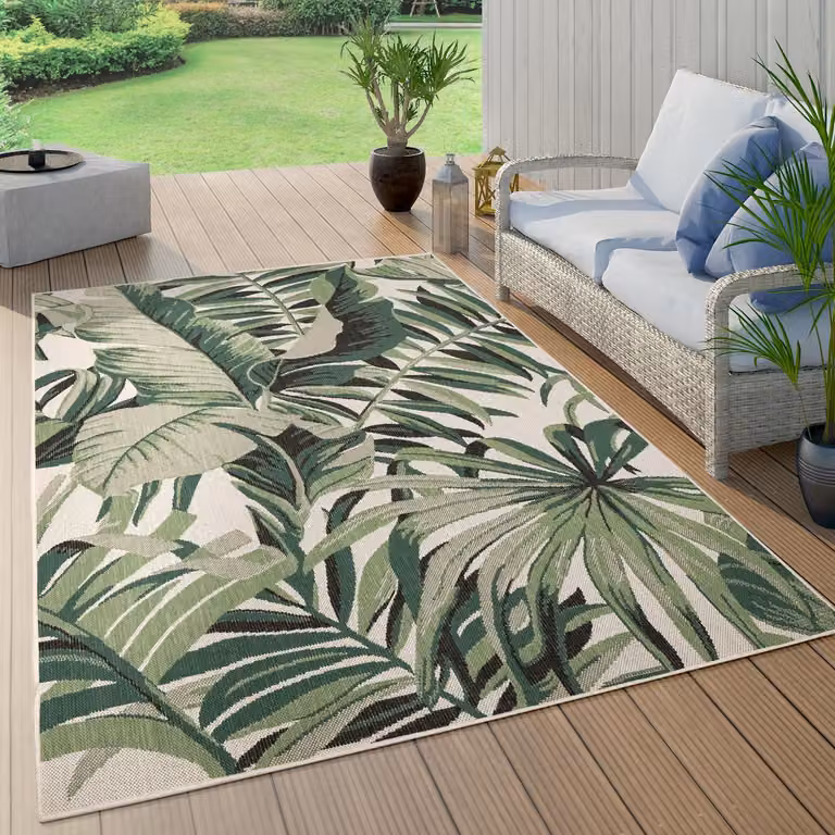 Alfombra Paco Home para exterior y jardín con diseño de hojas de palmera y estilo boho chic, color verde, forma redonda, Diámetro: 120 cm
