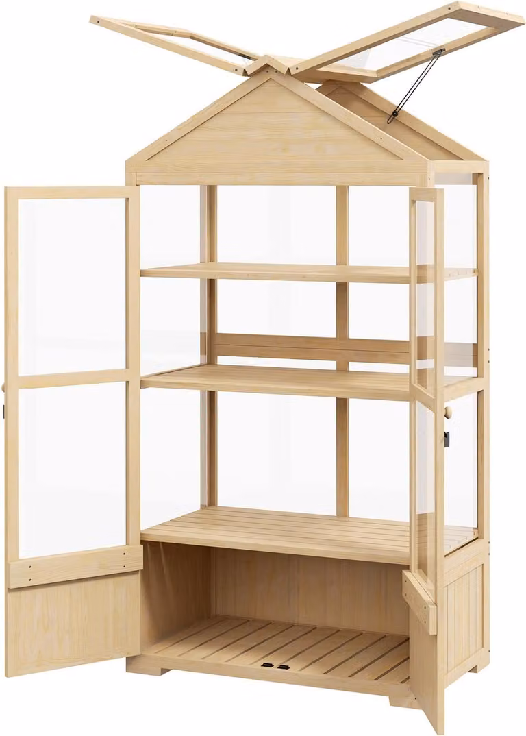 Invernadero de madera Northio con cierre, 4 niveles, ventanal en el techo y doble puerta, color marrón y transparente, An/P/Al: 178 x 56,5 x 56,5 cm