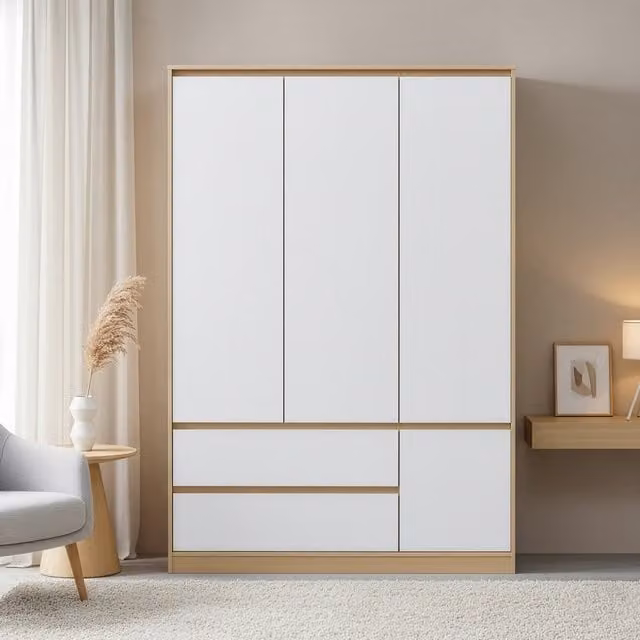 Armario Ropero Bastheim en.casa con 4 puertas, 1 barra, 6 compartimentos y 2 cajones en MDF, efecto roble y blanco, Al: 176 cm, An: 120 cm, P: 52 cm