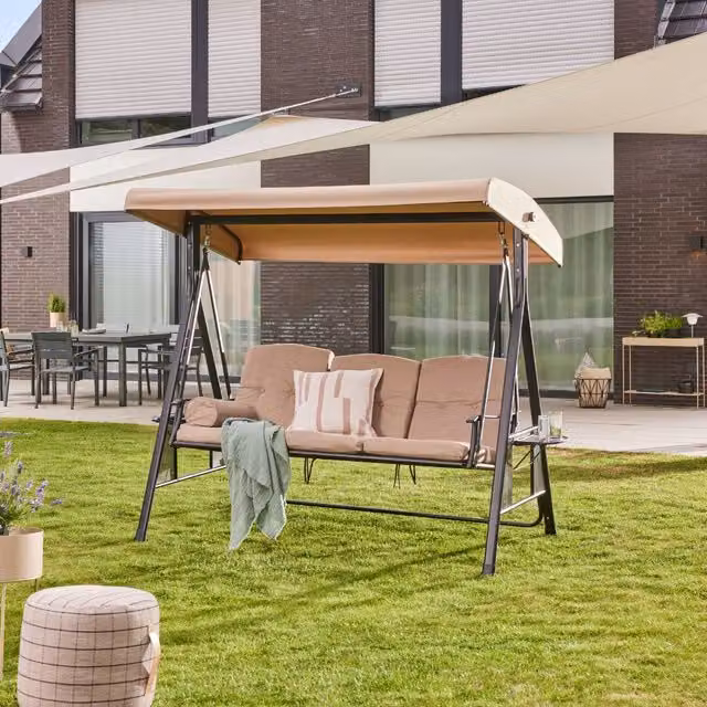 Columpio Hollywood Home Deluxe de 3 plazas con toldo y cojines en color beige, An/P/Al: 115 x 198 x 195 cm