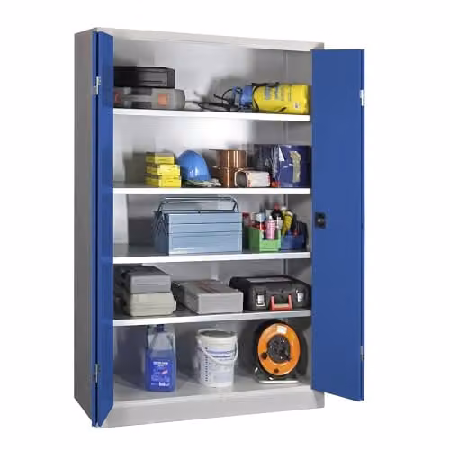 Armario de puertas plegables Certeo en color gris con estantes internos y cerradura, An: 120 cm, P: 50 cm, Al: 195 cm