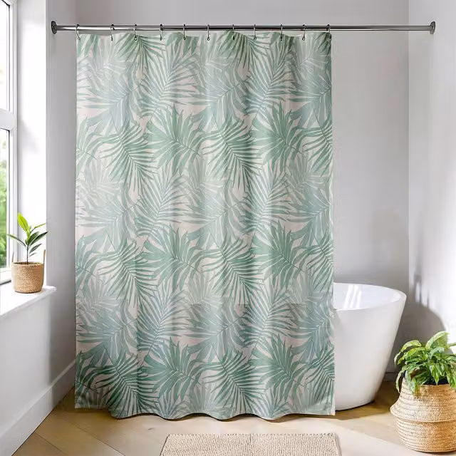 Cortina de ducha Tissia Tendance con estampado floral en blanco y verde, fabricada en poliéster y con 12 anillas, An/P/Al: 180 x 200 cm