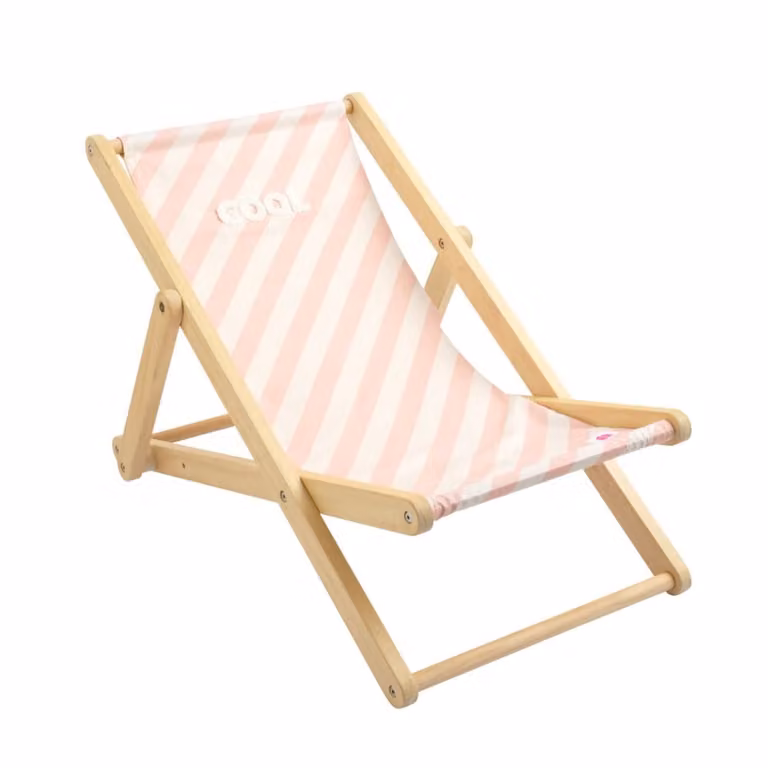 Tumbona infantil Sauthon de madera de pino y lona de algodón a rayas en color rosa
