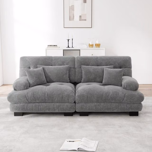 Sofá Esquinero Cloud de la marca Kellany en Chenilla Gris con Estructura de Madera Maciza y Cojines Decorativos