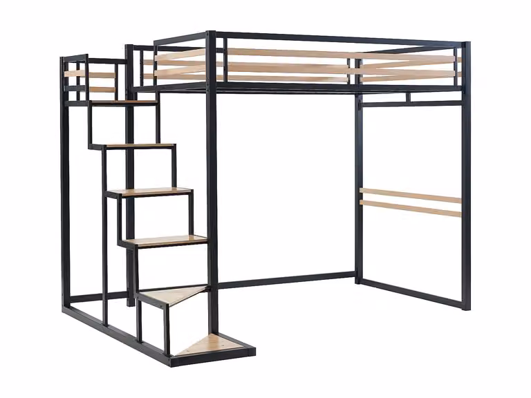 Cama alta JOGUI de metal y MDF en negro y multicolor, An/P/Al: 140 x 200 x 240 cm