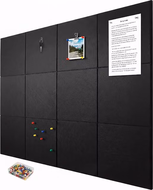 Set de 12 paneles de fieltro autoadhesivos Relaxdays en color negro con chinchetas, An/P/Al: 30 x 30 x 0,9 cm