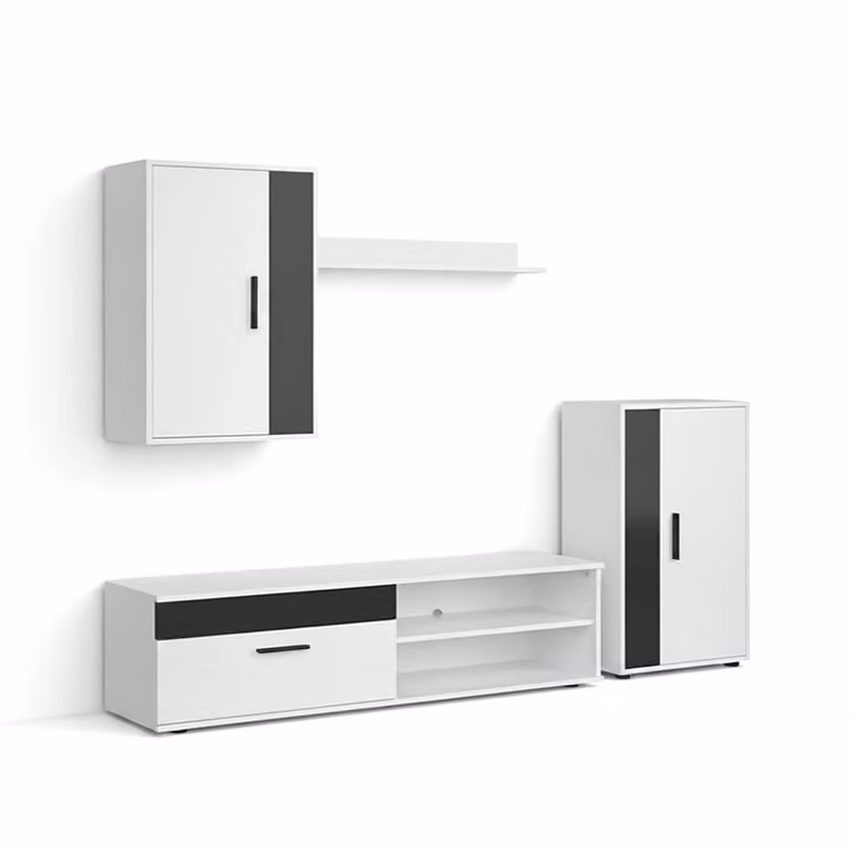 Salón modular moderno Duehome con mueble TV de 140 cm en blanco y negro con acabado roble y mdf