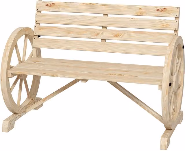Banco de jardín NORTHIX de 2 plazas con diseño de rueda de carro en madera tratada de abeto, estilo rústico, color marrón, beige y multicolor, An/P/Al: 240 x 56 x 79 cm