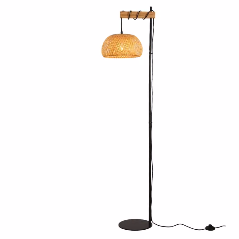 Lámpara de pie ALPINALUZ de madera, metal y mimbre con pantalla redonda en color negro y madera, Altura: 157 cm