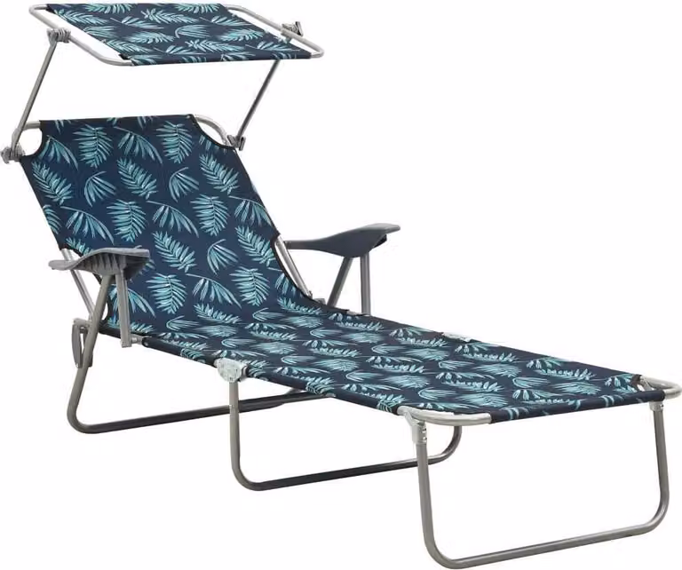 Tumbona Syfax con toldo y reposacabezas ajustable en acero con estampado floral azul y multicolor, An/P/Al: 188 x 71,5 x 108,5 cm
