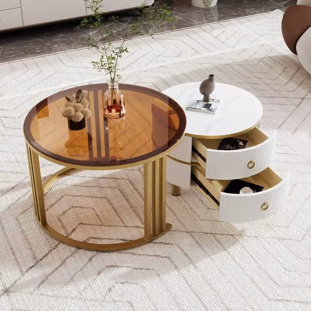Mesa de centro nido redonda MODENVIE con tablero de vidrio y acabado brillante en blanco y dorado para salón