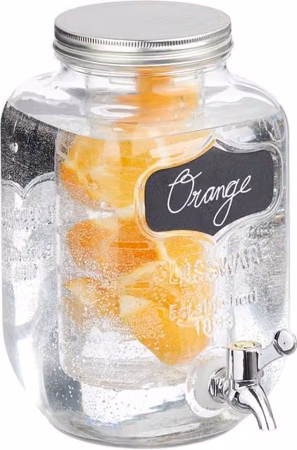 Dispensador de bebidas Relaxdays con infusor para frutas, recipiente de vidrio transparente de 4 l con tapa y grifo