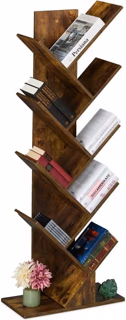 Estantería decorativa de árbol Relaxdays para libros y CDs, 9 niveles, marrón, Al 138 cm x An 51 cm x P 25 cm