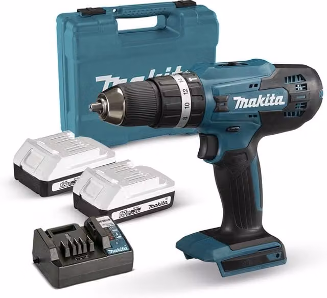 Taladro percutor Makita HP488D006 de 18V con 2 baterías de 2,0Ah y 42Nm en color turquesa