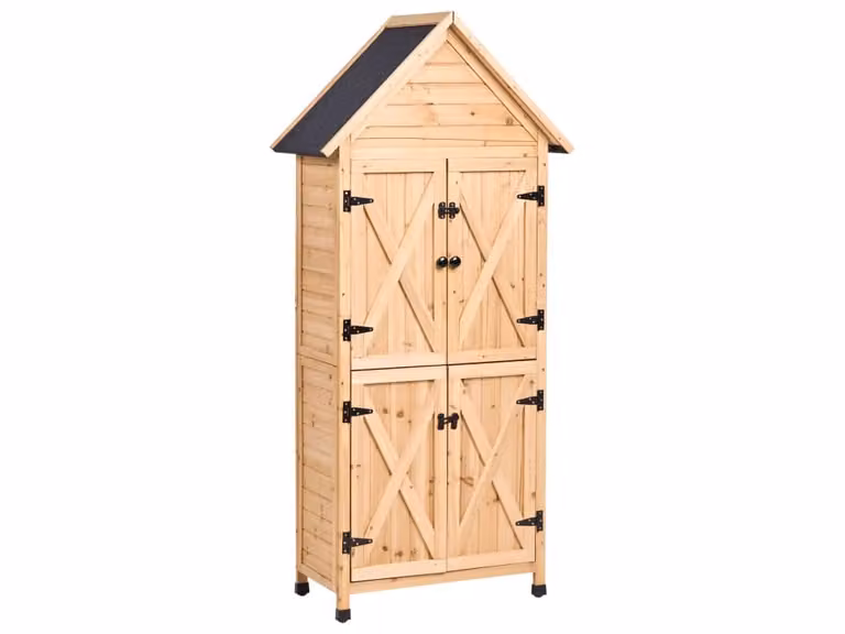 Cobertizo de jardín Beliani de madera natural color marrón con doble puerta y tejado a dos aguas