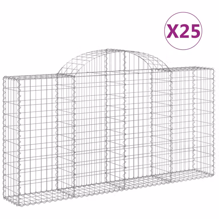 Set de 25 cestas gaviones videx en acero galvanizado color gris y plata con forma de arco, An/P/Al: 200 x 30 x 100/120 cm