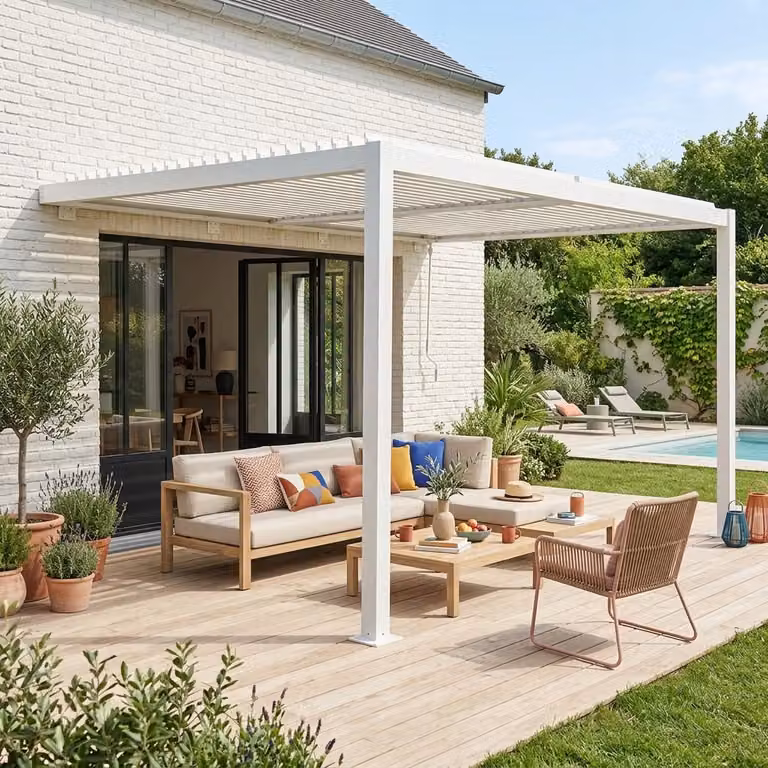 Pérgola bioclimática adosada Sweeek de aluminio con lamas orientables, Blanco, 3 x 4 m