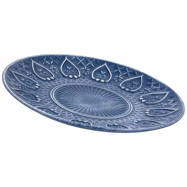 Bandeja decorativa redonda Wanderlust deco de madera y cerámica con diseño geométrico boho en azul y blanco, An/P/Al: 35 x 35 x 3 cm