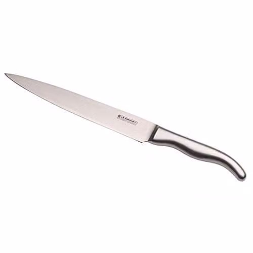 Cuchillo de trinchar Le Creuset con hoja de acero damasco y mango de madera en colores plata y beige, 20 cm