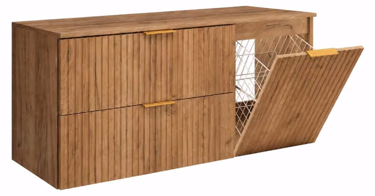 Conjunto de muebles de baño moderno con cesto de ropa y superficie, acabado roble y tiradores dorados, Ancho: 120 cm